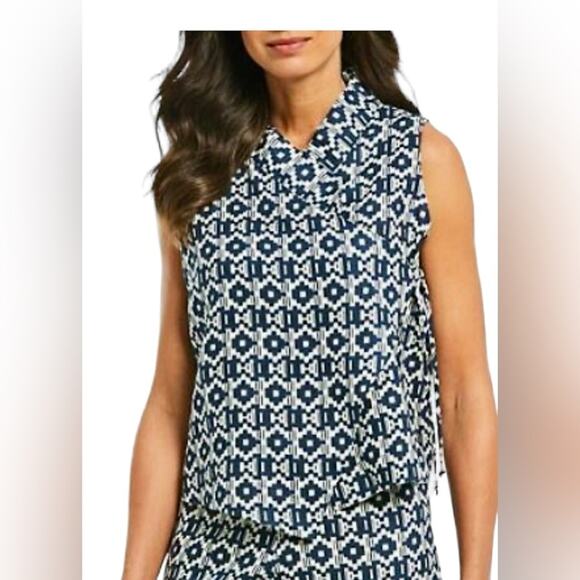 Bryn Walker Koroyo Linen Navy and White Ikat Sleeveless Wrap Vest Size L - Picture 5 of 9